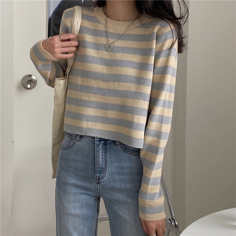 Oversized Casual  Pullovers 2022 New Women's Short Long Sleeved Black White Striped Sweater Spring Thin Knitted Fashion Tops