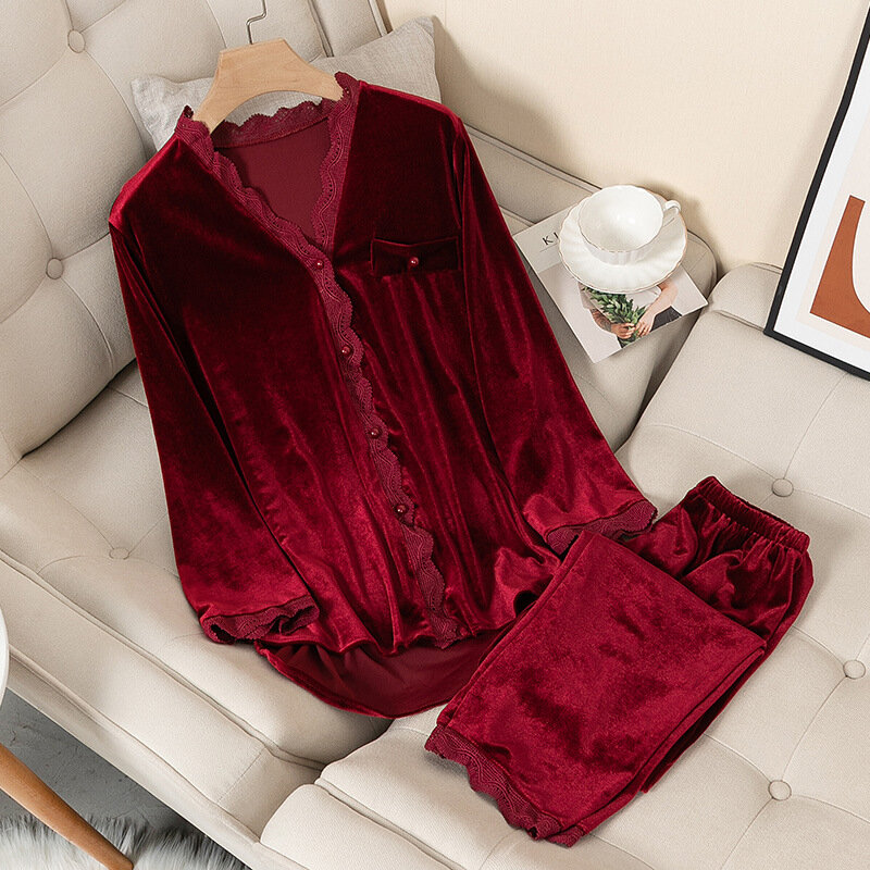 Phụ Nữ Thu Đông Đồ Ngủ Nhung Bộ Đồ Ngủ Dài Tay Màu Homewear Phù Hợp Với Rời Nhà Quần Áo Ren SleepSet Váy Ngủ