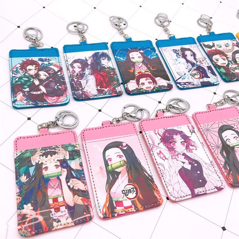 1pcs Anime Demon Slayer: Kimetsu no Yaiba Tanjirou Nezuko PU Cards Holder Student Card Bus Card Protect Case Keychain