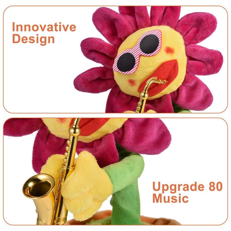 HowPlay zabawki elektryczne śpiew i taniec kwiaty słoneczniki grające na saksofonie zabawne prezenty 80 muzyka ze światłami ozdoby dla lalek