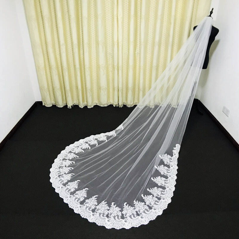 Bruiloft Sluiers Kathedraal Lengte Lace Geappliceerd Een Layer Custom Made Wit Ivoor Veils Met Kam Bruid Bruids Accessoires