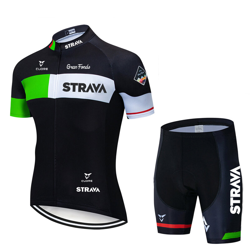 Fluorescent Green STRAVA Cycling Jersey sets red Bicycle Short Sleeve Cycling Clothing Bike maillot Cycling Jersey Bib shorts