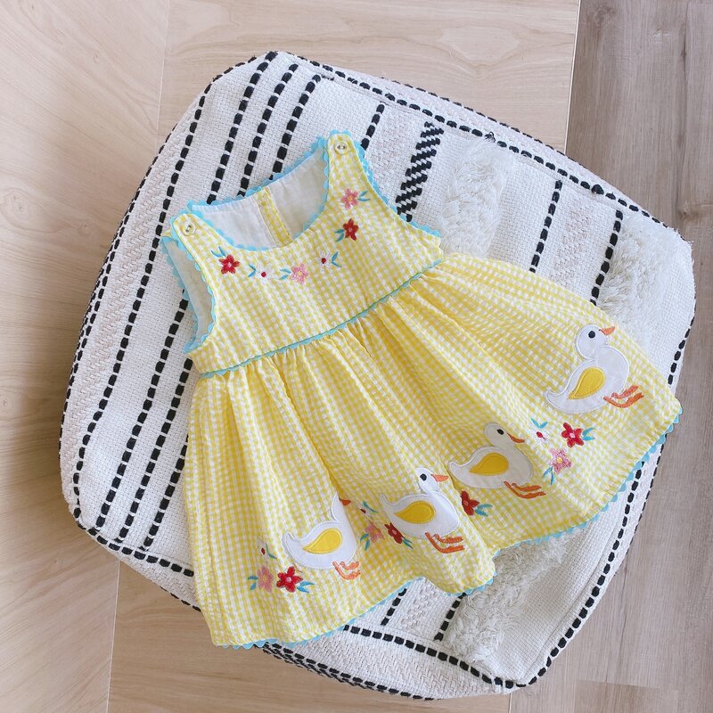 Летняя клетчатая юбка-жилет для малышей, платье с утенком и цветком для девочек, летняя детская юбка