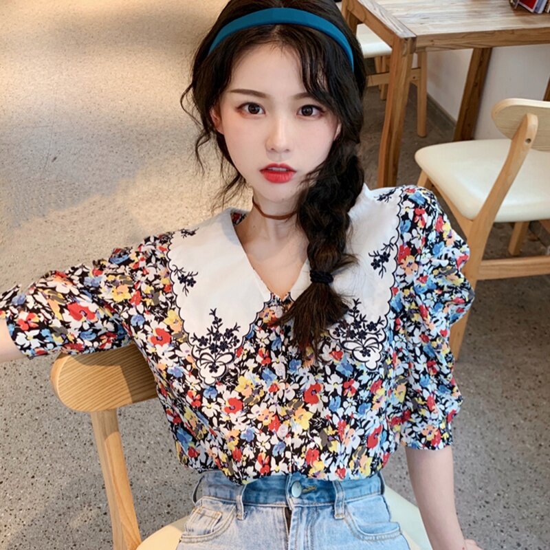 Camisa de lapela puff manga design nicho flor bordado feminino casual blusa doce s1