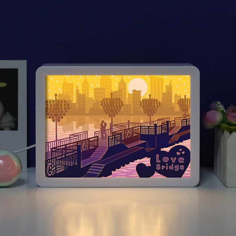 Marco de caja de sombra de luz nocturna 3D de Valentine's Day, marco de foto de puente de amor, lámpara de mesita de noche Led, enchufe Usb, decoración de regalo de amor Diy
