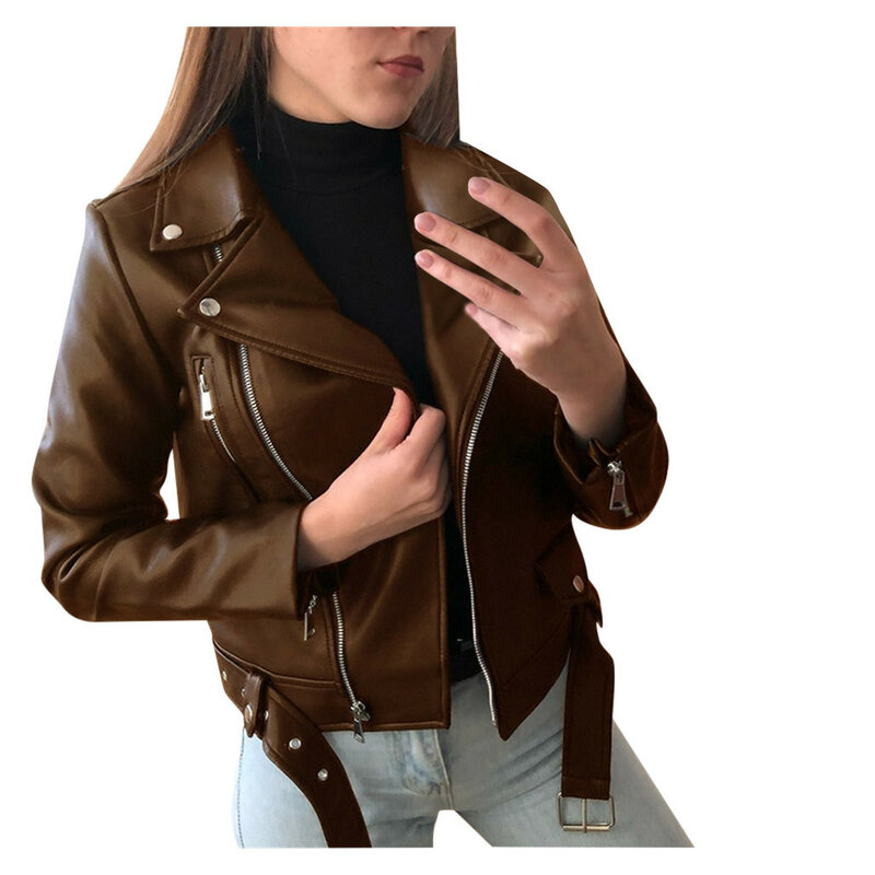 Women Cool Faux Leather Jacket Long Sleeve Zipper Fitted Coat Fall Short Jackets Chaqueta Women's With Lapel Solid Color #Y7
