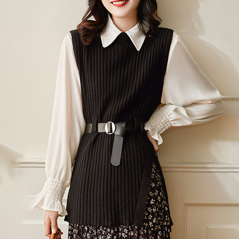 가을 여성 니트 조끼, 새로운 유행 올 매치 스플릿 일본 한국 스타일 니트 탑 여성 민소매 스웨터, 2021