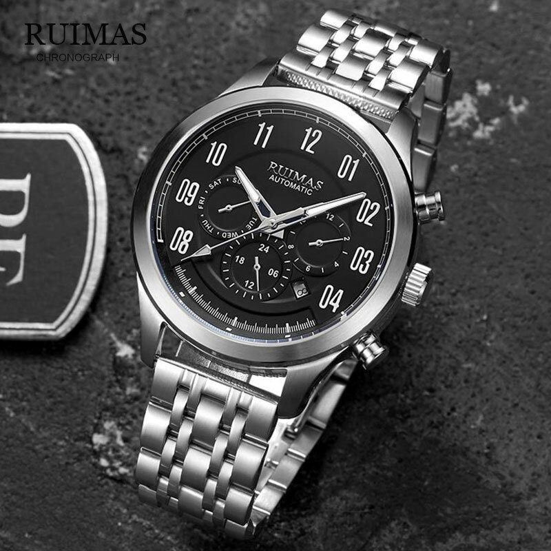 RUIMAS-ساعة رجالية فاخرة ، ميكانيكية ، مقاومة للماء ، الجيش ، الفولاذ