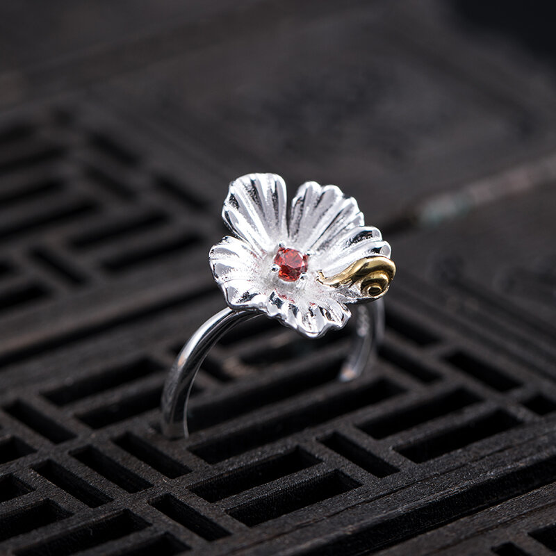 VLA 925 فضة الإبداعية الطبيعية الوطنية نمط زهرة الحلزون الدائري المرأة الزفاف خاتم مجوهرات رائعة قابل للتعديل