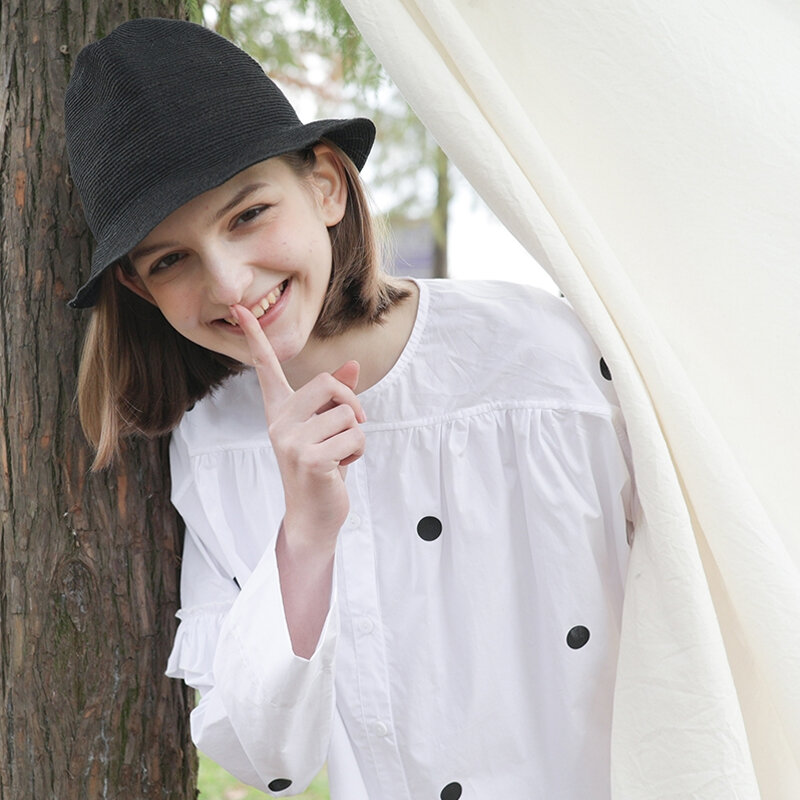 imakokoni white polka dot long-sleeved shirt original design embroidery student loose top female autumn 172261