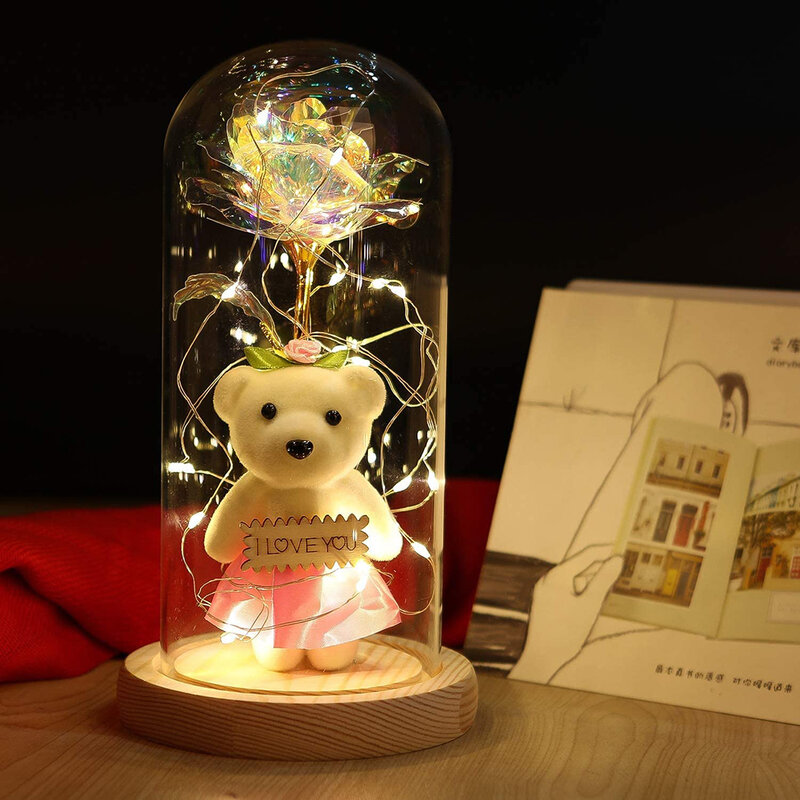 Valentine's Day present for girlfriend Rose and Bear Night Light Bedside Lamp Sleeping Light Table Lamp For Home D30