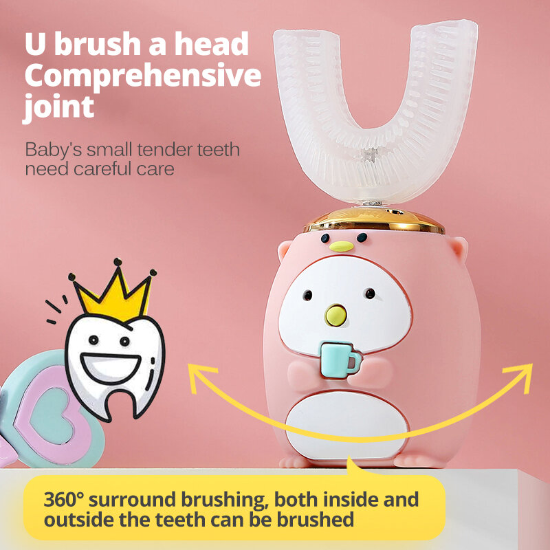 Escova de dentes elétrica automatizada infantil, escova ultrassônica de dentes 360 graus com estampa de desenhos animados
