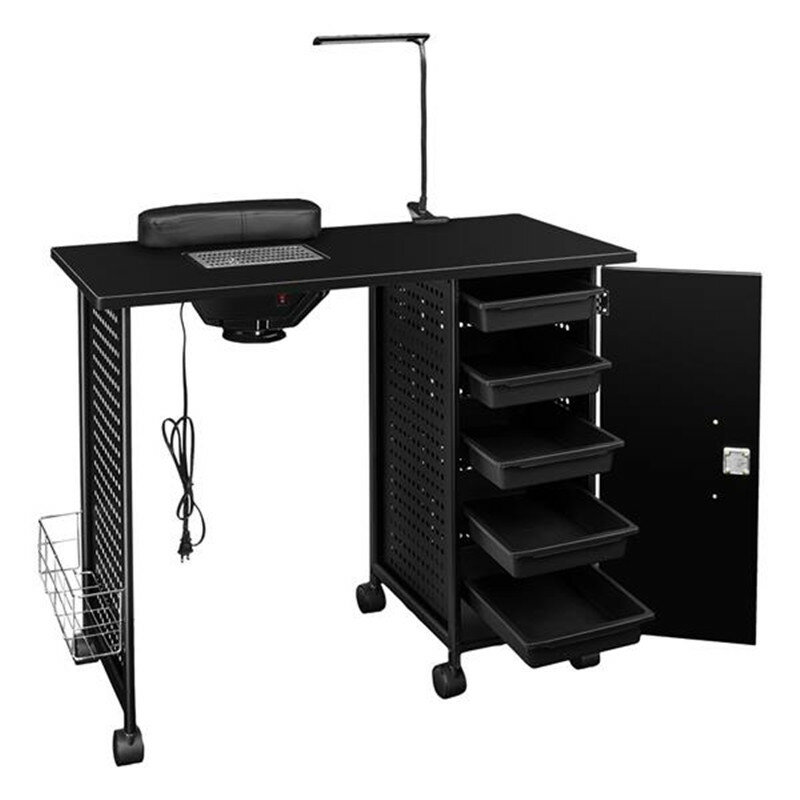 Station de Table de manucure à cadre en acier, tiroir d'équipement de Salon de beauté avec lampe LED noir