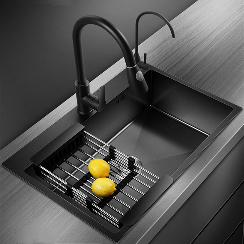 304 Roestvrij Staal Black Spoelbakken Boven Counter Sink Keuken Items Rechthoekige Onderbouw Kleine Gootstenen Keuken Afvoer Mand