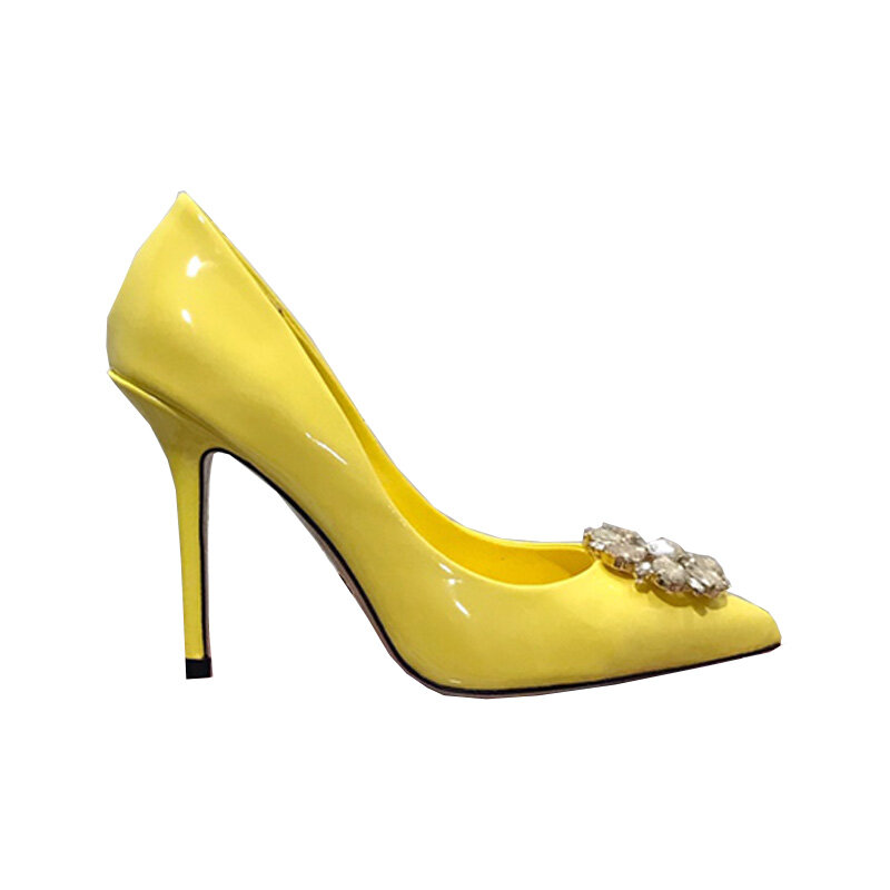 Zapatos de tacón alto de lujo para mujer, calzado de charol con diamantes de imitación de cristal y flores, hecho a mano, stilettos, boca baja, punta estrecha, 34-42S