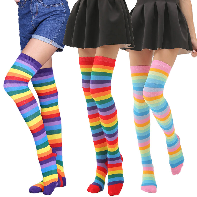 Calcetines altos hasta el muslo para mujer, medias sexys hasta la rodilla, de baile a rayas, de moda, arcoíris, divertidos