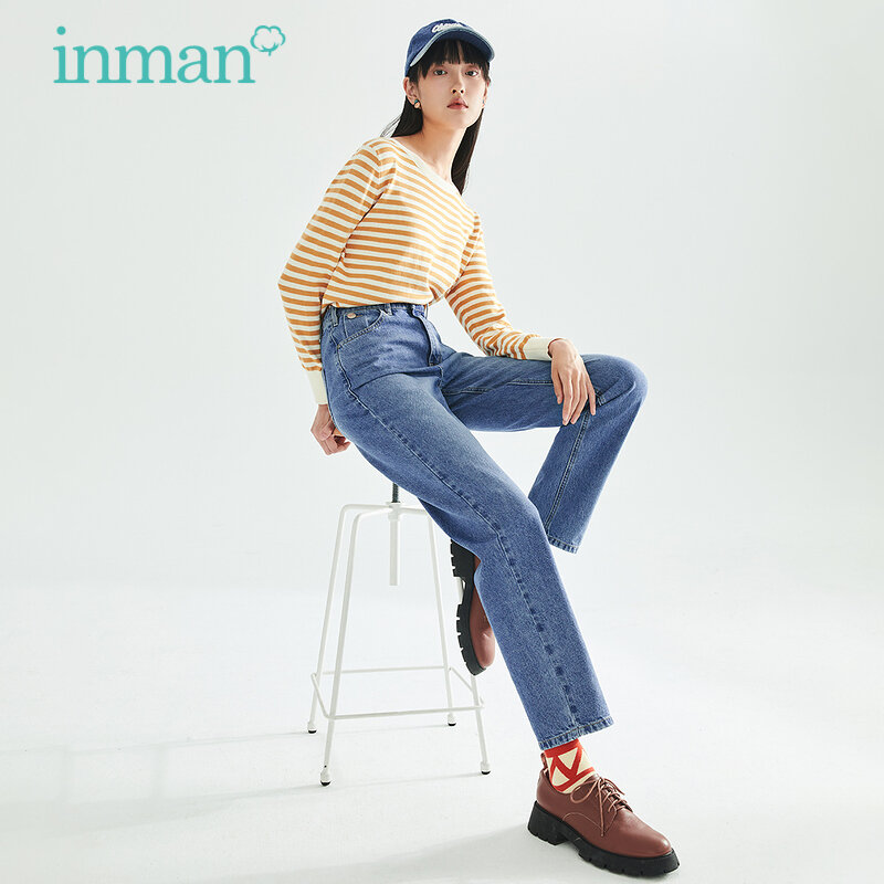 INMAN ฤดูใบไม้ร่วงฤดูหนาวล้าง Retro Vintage สไตล์กางเกงยีนส์กางเกงผู้หญิงเกาหลี Classic Minimal ตรงกางเกง