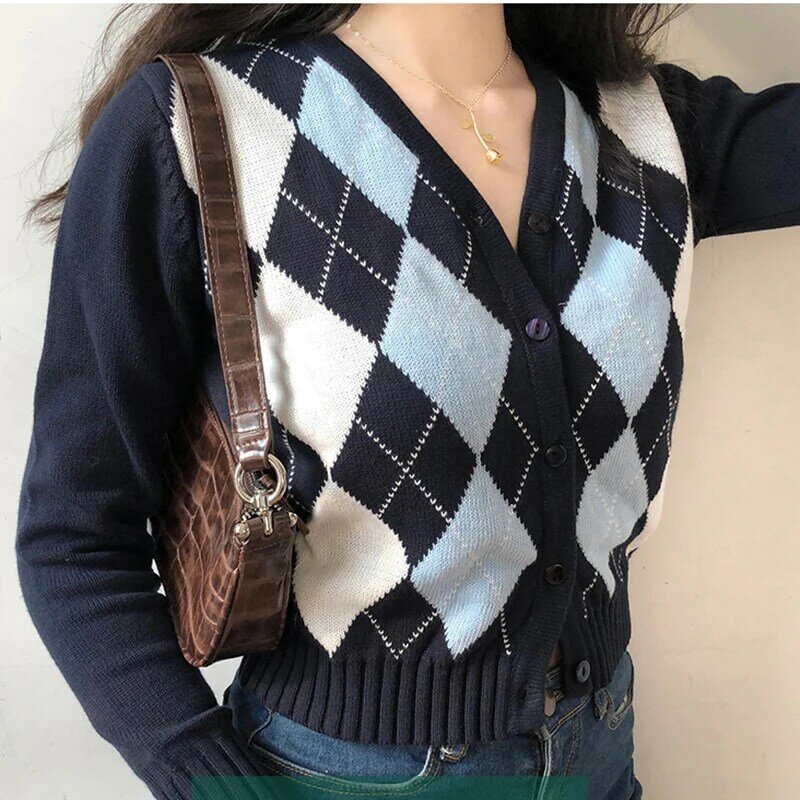 Cardigan tricoté à carreaux pour femme, pull Vintage, col en v, manches longues, court, Style anglais, automne-hiver, 2020