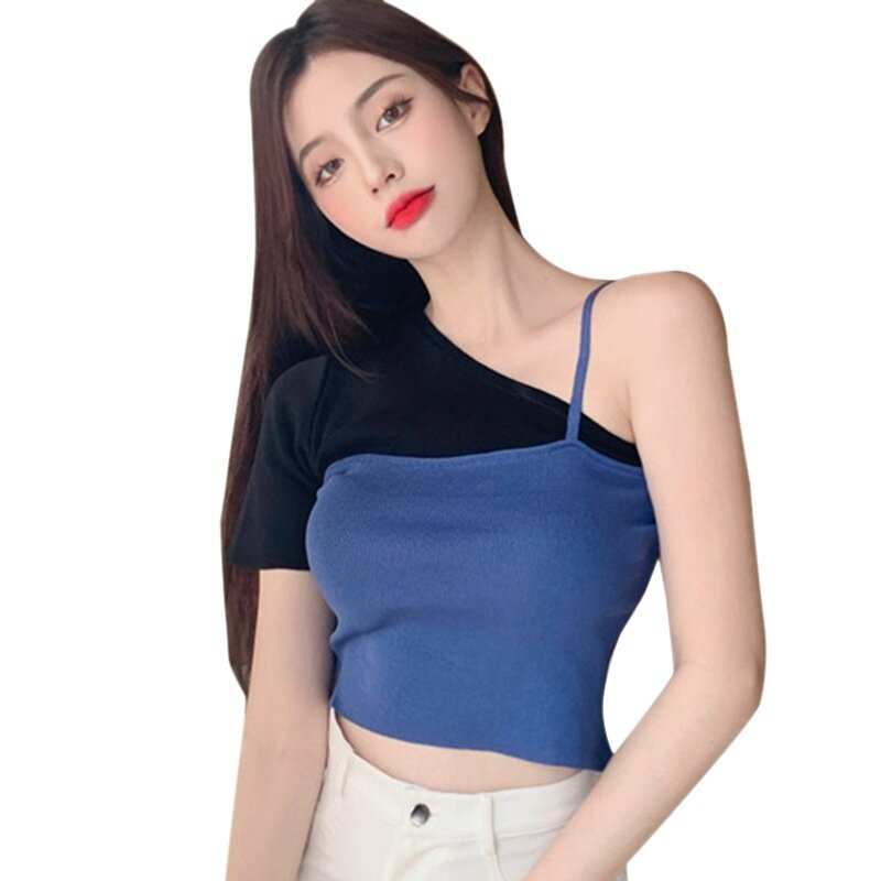 불규칙한 독특한 스타일 여성 티셔츠 컬러 섹시한 다목적 니트 반팔 티셔츠 탑스, 한국 패션 여름 의류 2021
