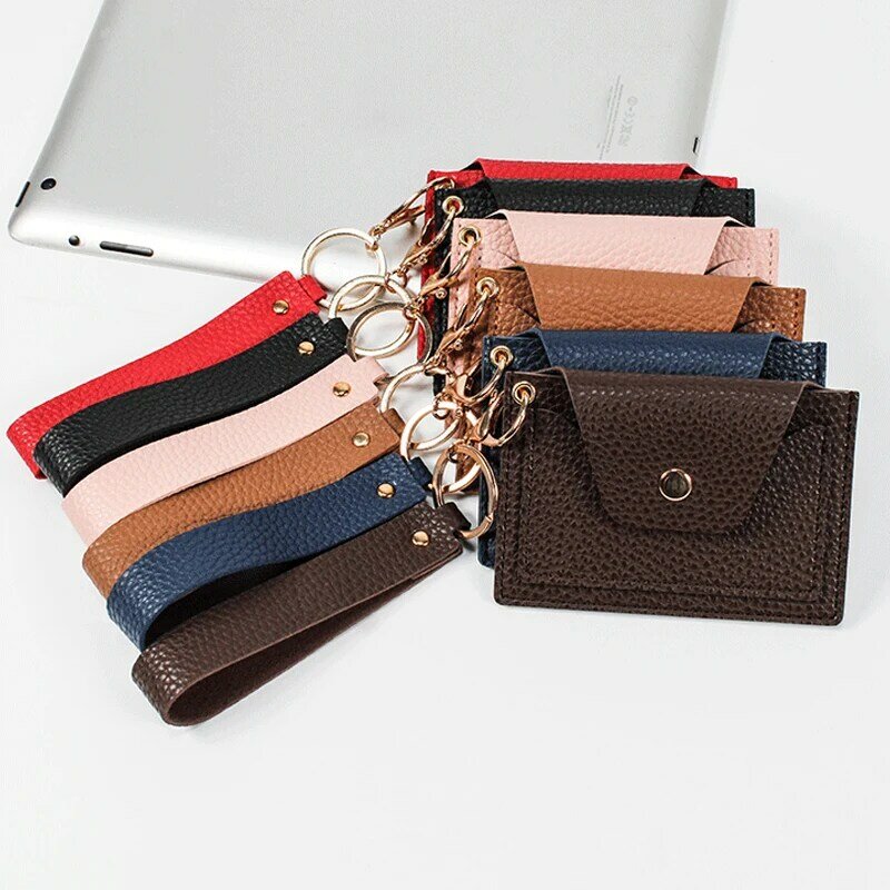 New Korean Student Card Holder Bag Lychee Pattern Hand Lanyard Candy Color Simple Bus Card Leather Case Coin Purse Mini Wallet