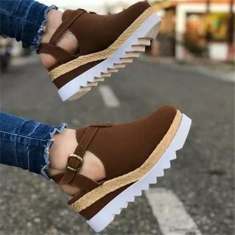 2021 New Women's Shoes Solid Color Imitation Suede Simple Buckle Round Toe Wedges Fashion Casual Summer Sandals 1KB076