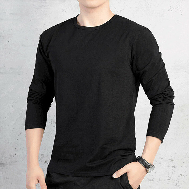 Camiseta manga comprida masculina respirável, gola redonda, pulôver, cor sólida, outono, tendência caimento, roupas de pulôver para homens