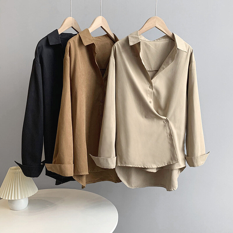2021 Autumn Winter Lapel Shirt Women's Solid Color Long Sleeve Chic Loose Oblique Button College Style Thick Blouse Top 8812.
