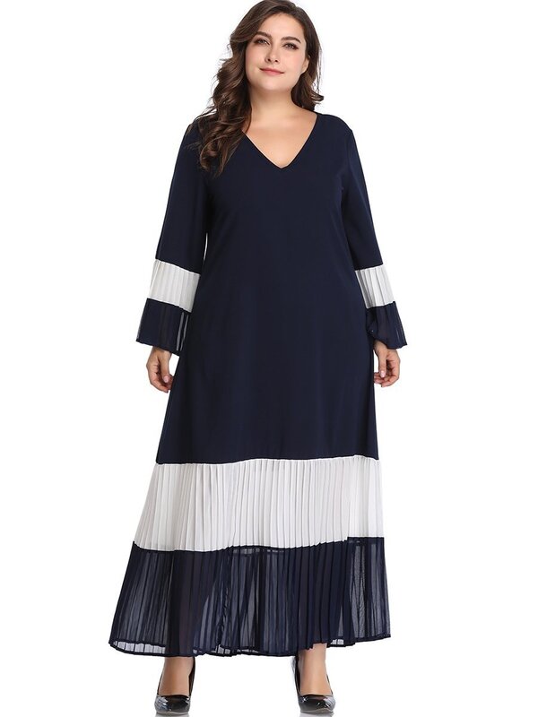 Maxi Kleid 2021 Plus Größe Casual Schwarz Und Weiß Patchwork Stitching Kontrast Passenden Plissee V-ausschnitt Ankle Rock Lose Hause