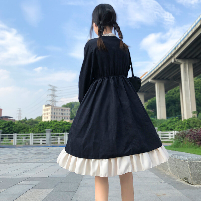 Kawaii جديد نمط اليابانية لينة فتاة لوليتا الحلو عالية الخصر الأسود القوطية Ruffled op فستان بأكمام طويلة النساء
