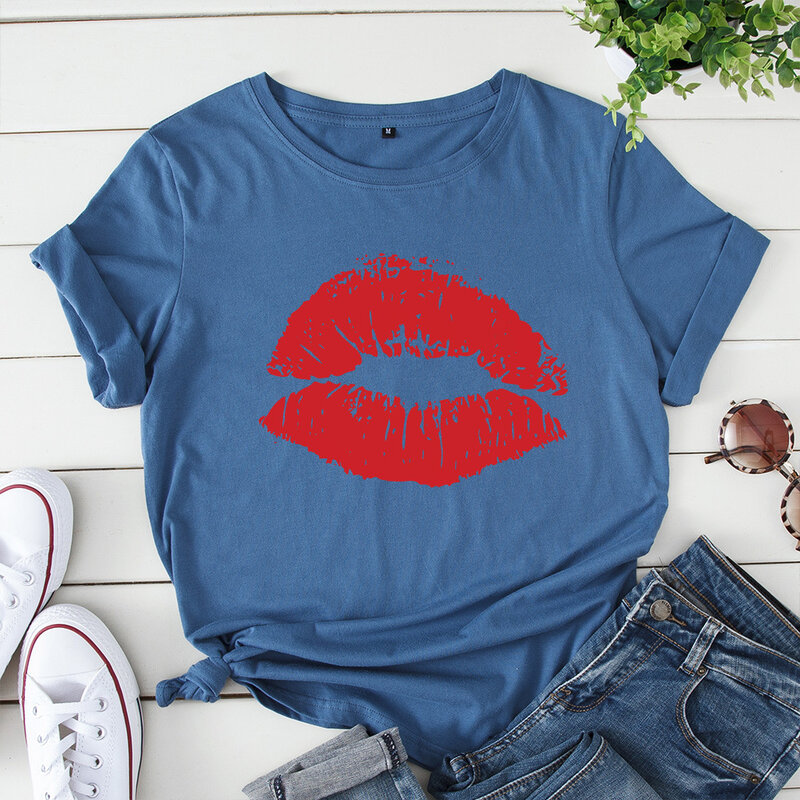 Camiseta Sexy con labios rojos para mujer, camisetas blancas de manga corta con cuello redondo, camisetas con estampado de boca para mujer, camiseta informal, ropa deportiva
