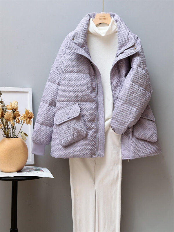 2021 New Korean Fashion Loose Down Jacket Autumn Winter Women Short Stand Collar Large Size Down Coats Outerwear
