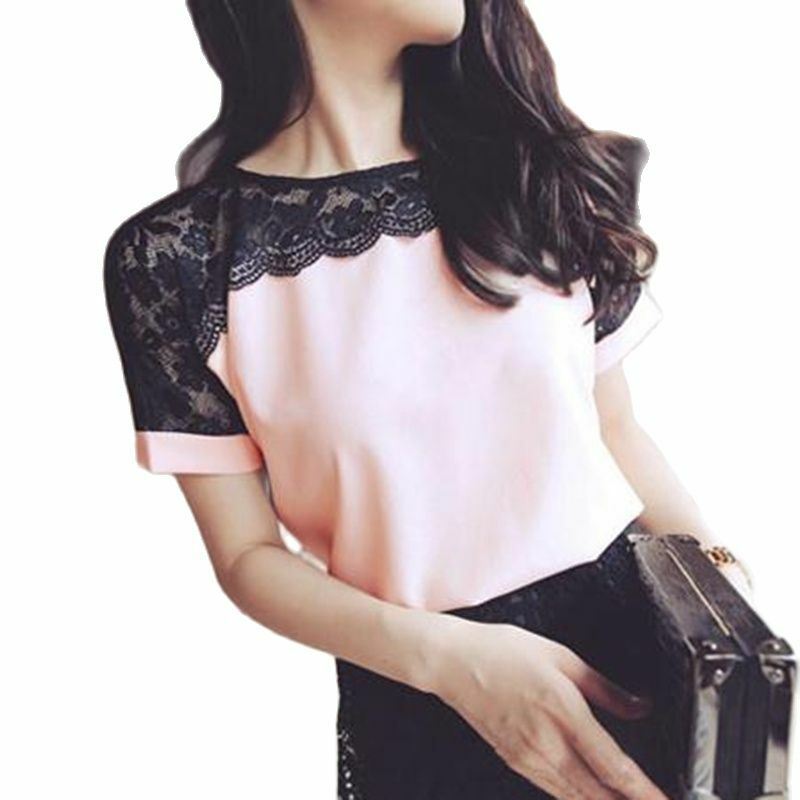 Blusa holgada de chifón para mujer, camisa de manga corta con encaje, color rosa, estilo coreano, talla 4XL/5XL