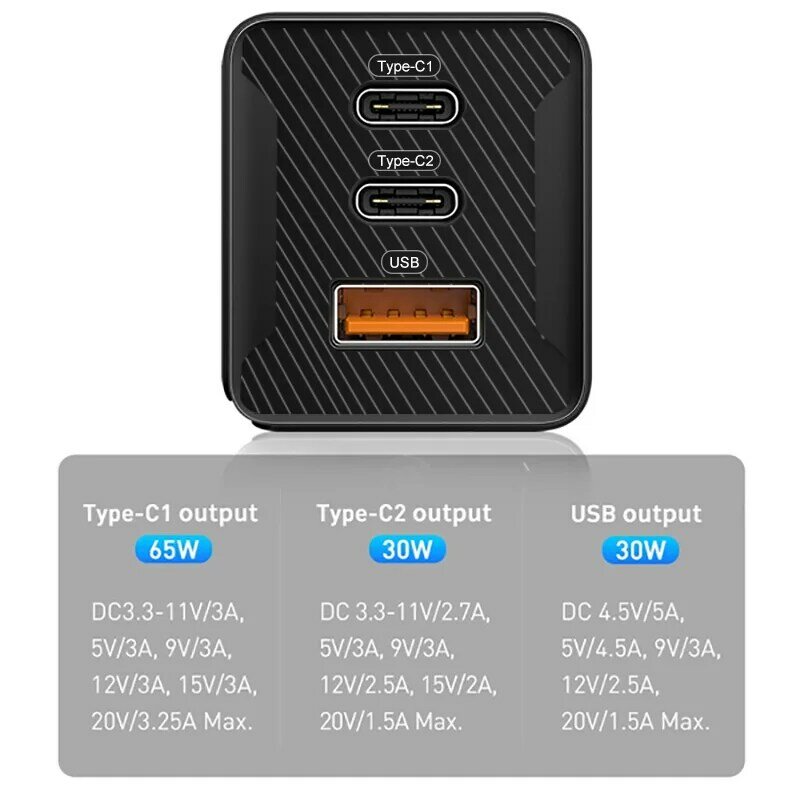 Зарядное устройство сетевое складное с 3 USB-портами, 65 Вт, PD3.0 и технологией GaNFast для iPhone 12/12 Mini / 12 Pro, SE, MacBo