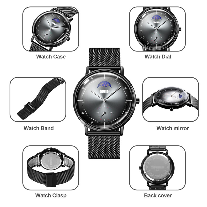 SKMEI-Reloj de pulsera de cuarzo para hombre, cronógrafo de lujo con correa de malla, fase lunar, marca Original, 2021