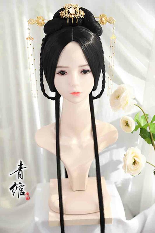 Hanfu perucas femininas, cabelo hanfu tradicional chinês, acessório para cosplay, acessório feminino, penteado preto