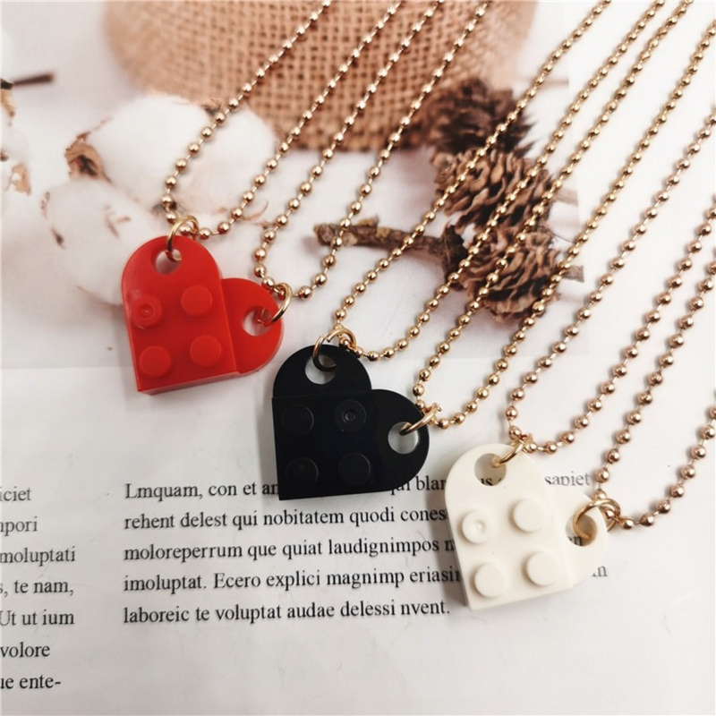 2PCS Beads Chain Necklace Building Brick Love Heart Pendant Necklace for Women Couple 2021 Matching Gifts Paired Girls Necklaces