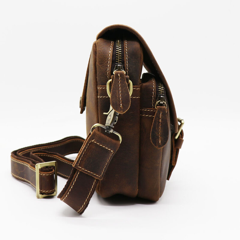 手作りのメンズクレイジーホースベルトバッグ,全身クレイジーホースを備えた小さな本革の携帯電話バックパック