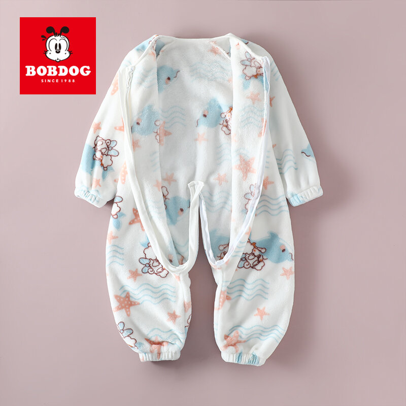 BOBDOG Kantong Tidur Bayi Berbelahan Kaki Lucu Kartun Kantung Tidur Baru Lahir Ritsleting Lengan Panjang Beludru Lembut untuk Anak-anak Pakaian 0-18 Bulan