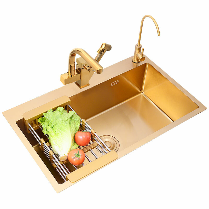 Pia nano-dourada feita à mão, lavatório de vegetais, pia para cozinha por debaixo da bancada, aço inoxidável 304