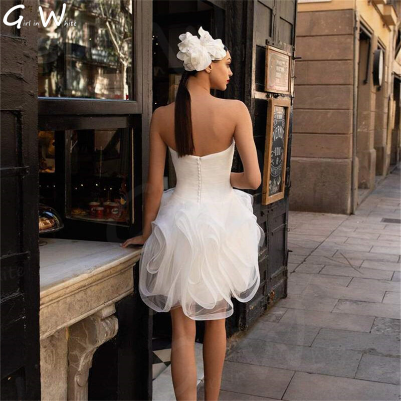 Ruffled chique moderno vestido de casamento curto querida sem costas acima do joelho mini vestidos de noiva para ser vestido de novia