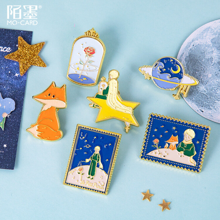 Placa de Metal de la serie Le Petite Prince, insignia decorativa con estampado de pequeño zorro y Rosa Kawaii