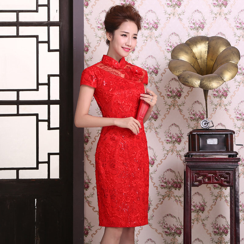 Cheongsam Bordir Merah Gaun Pernikahan Tradisional Cina Upacara Miss Melayani Panjang Qipao Pengantin Putri Duyung Gaun Gaya Oriental