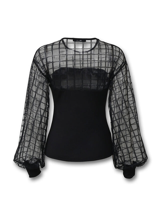 エレガントな女性のファッションシャツ,シンプルな黒のパーティートップ,透明なグリッドメッシュブラウス,カジュアルなシャツ2021
