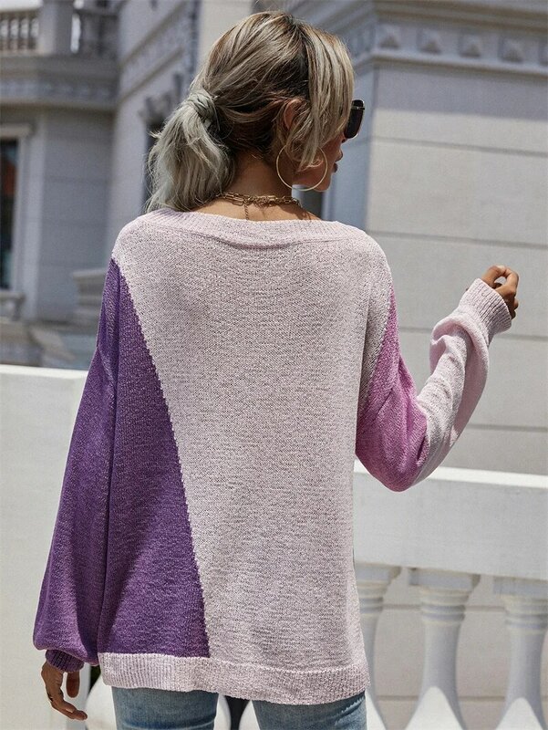Sweater Rajut Warna Sambungan Musim Gugur Mode Sweater Wanita Cardigan Longgar Atasan Leher-o Lengan Panjang 2021