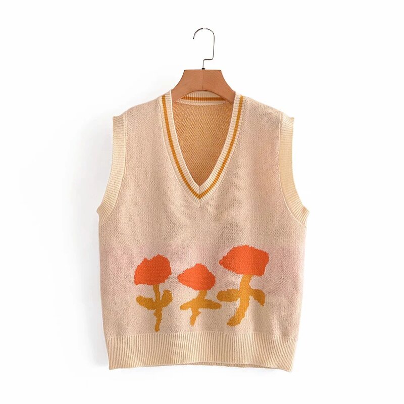 Spring Autumn Fashion College Style Flower Jacquard Vest Women Sexy Sleeveless V-Neck Knitted Sweater Female Jumper Sueter Mujer
