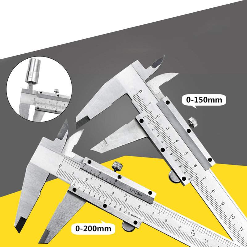 0-200mm Carbon Steel Caliper Micrometer Vernier Caliper Measure Caliber Gauge Millimeter Inches Measuring Instrument Tool 150mm