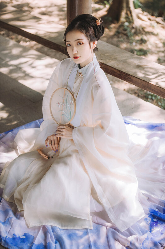 Hanfu Asli Sesuai Pesanan Pakaian Wanita Rok Lipat Tiga Potong Buatan Ming dengan Kerah Berdiri dan Selendang Kardigan Miring