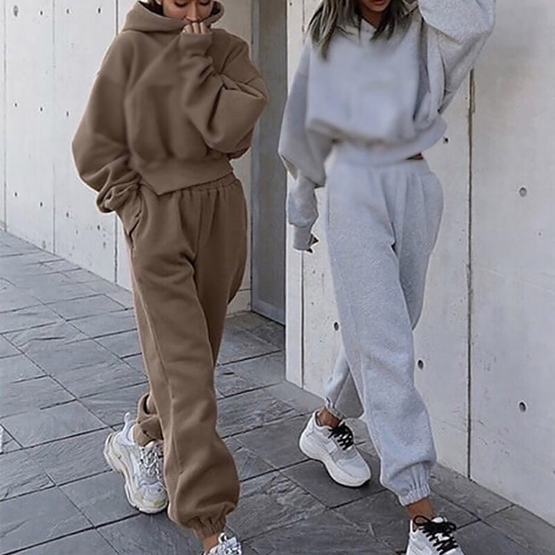 Solid Casual Tracksuit Women Sports 2 Pieces Set Sweatshirts Pullover Hoodies Pants Suit 2021 Sweatpants Trousers Outfits