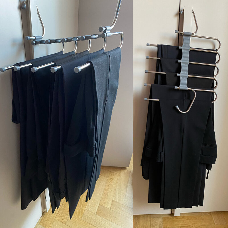 Gantungan Celana 5-In-1 Gantungan Baja Tahan Karat Portabel Multifungsi untuk Celana Panjang Pakaian Penyimpanan Mantel Organisasi Hemat Ruang