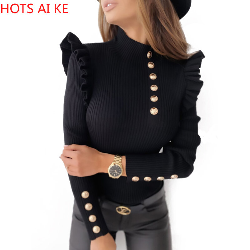 Venda quente no outono e inverno europa com a américa novo estilo senhoras babados botão de mangas compridas blusa de fundo feminino